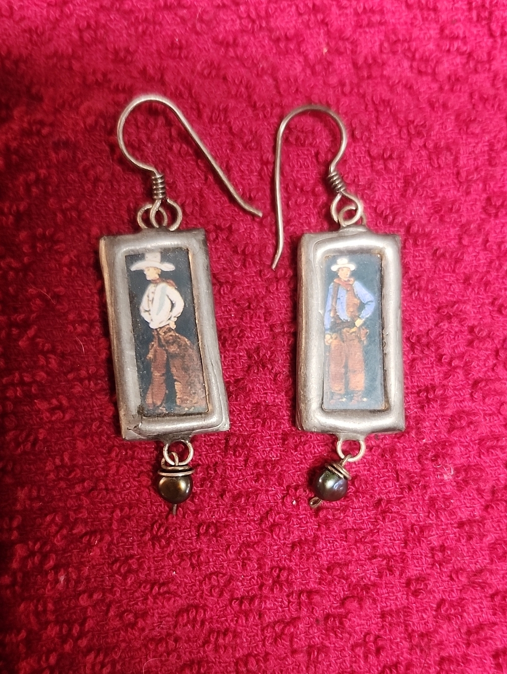 Handmade Cowboy Motif Rectangular Drop Earrings in Brown and Black And Silver